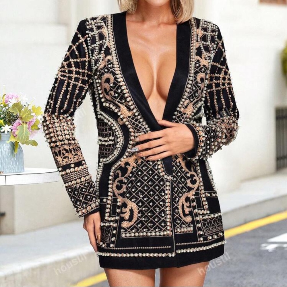Woman Pearl Print V-Neck Blazer Jacket Midi